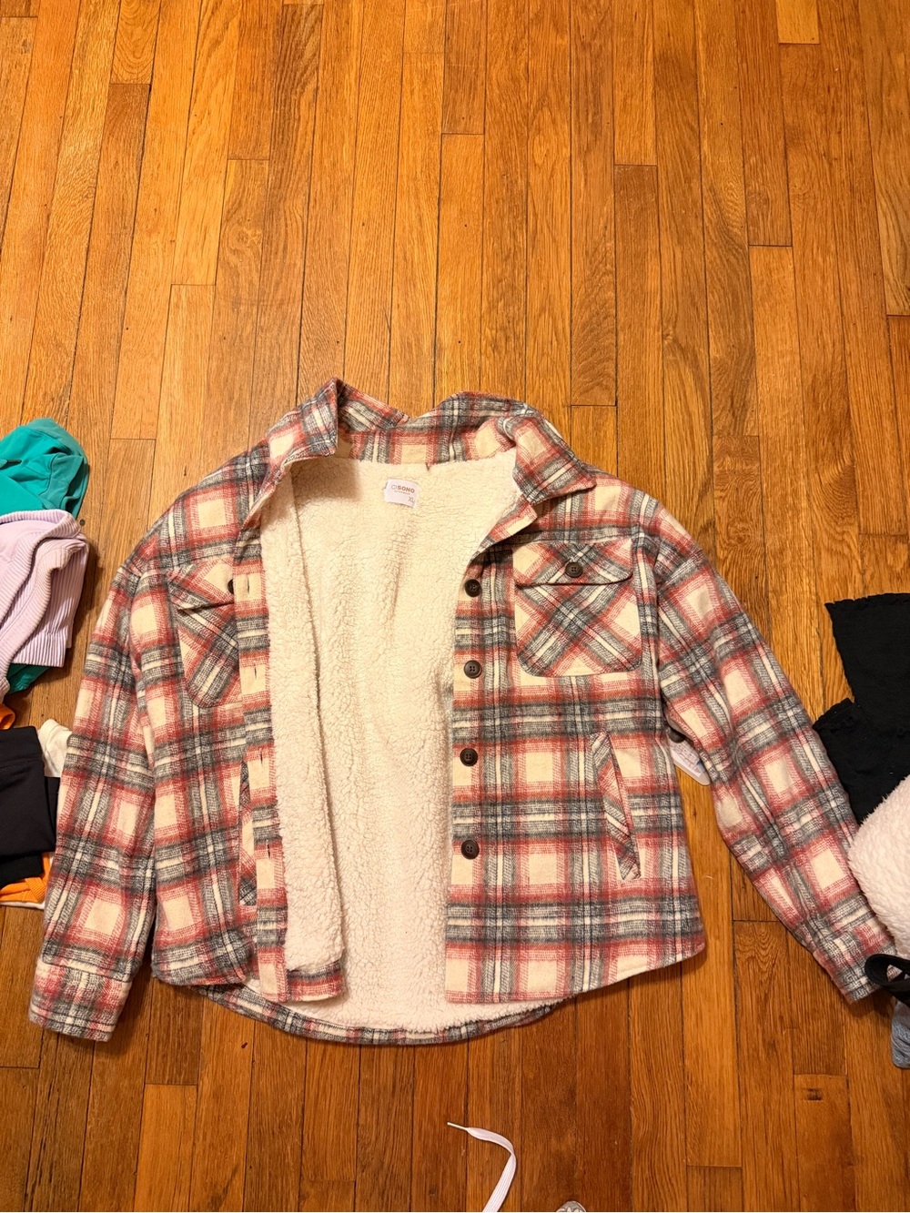 Ci Sono Pink & Gray Plaid Sherpa-Lined Jean Jacket